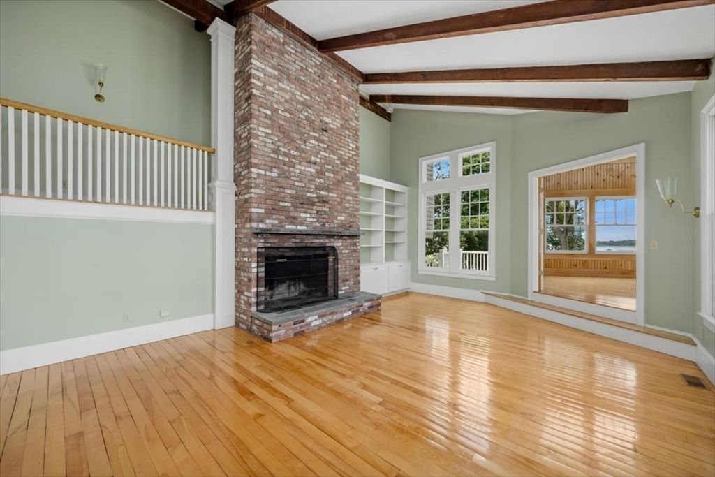 Empty room, Fireplace, Interior, Wooden Beams, Wood Texture Flooring