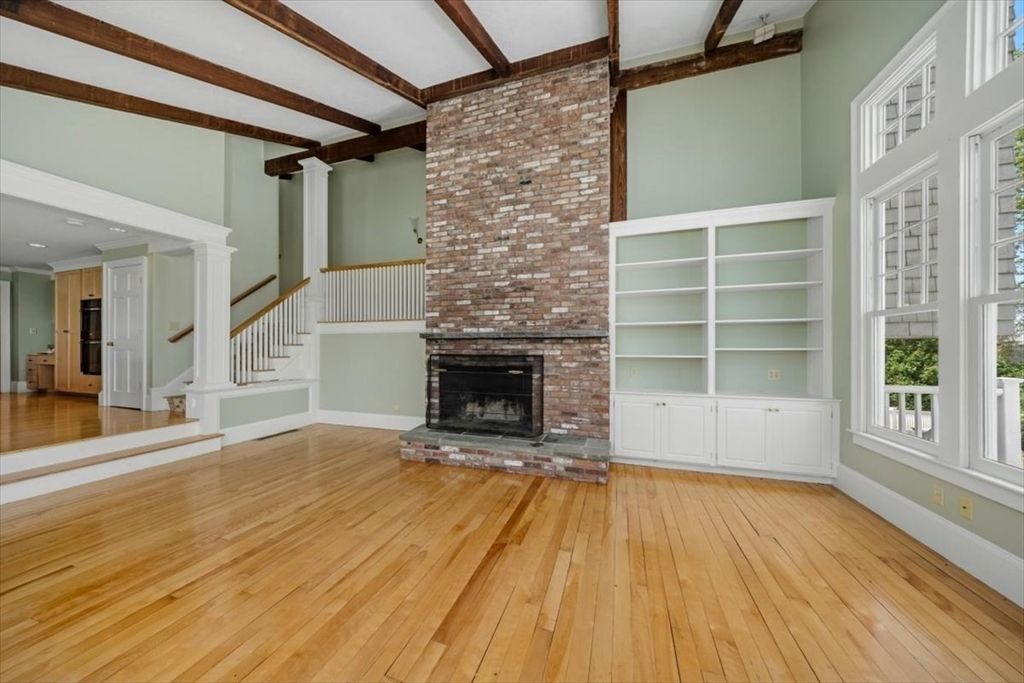 Empty room, Fireplace, Interior, Recessed Lighting, Wooden Beams, Wood Texture Flooring