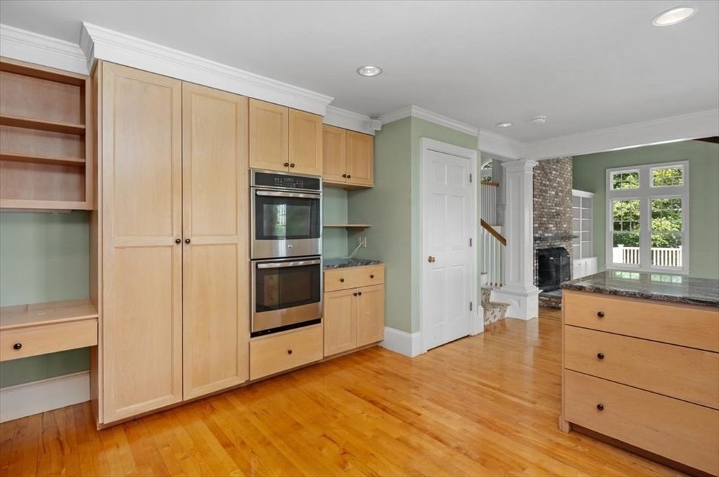 Fireplace, Interior, Kitchen, Recessed Lighting, Stainless Steel Appliances, Wood Texture Flooring