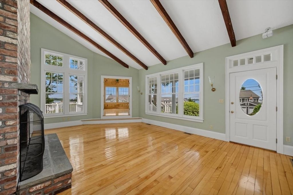 Empty room, Fireplace, Interior, Wooden Beams, Wood Texture Flooring