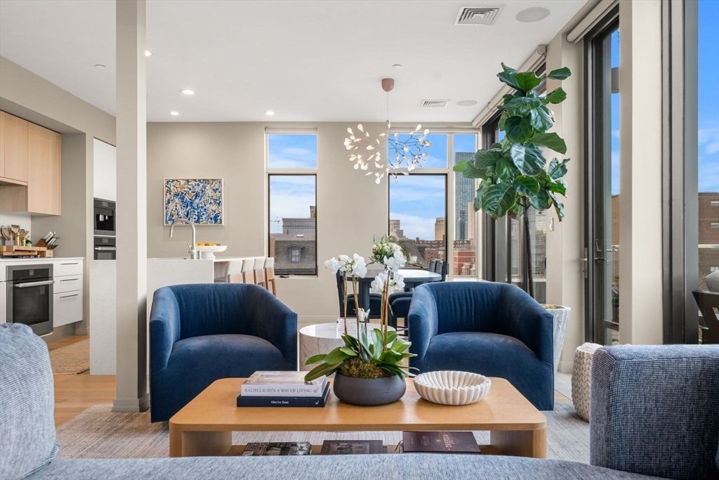 Dining room, Interior, Kitchen, Living room, Pendant Lights, Recessed Lighting, Stainless Steel Appliances, Wood Texture Flooring