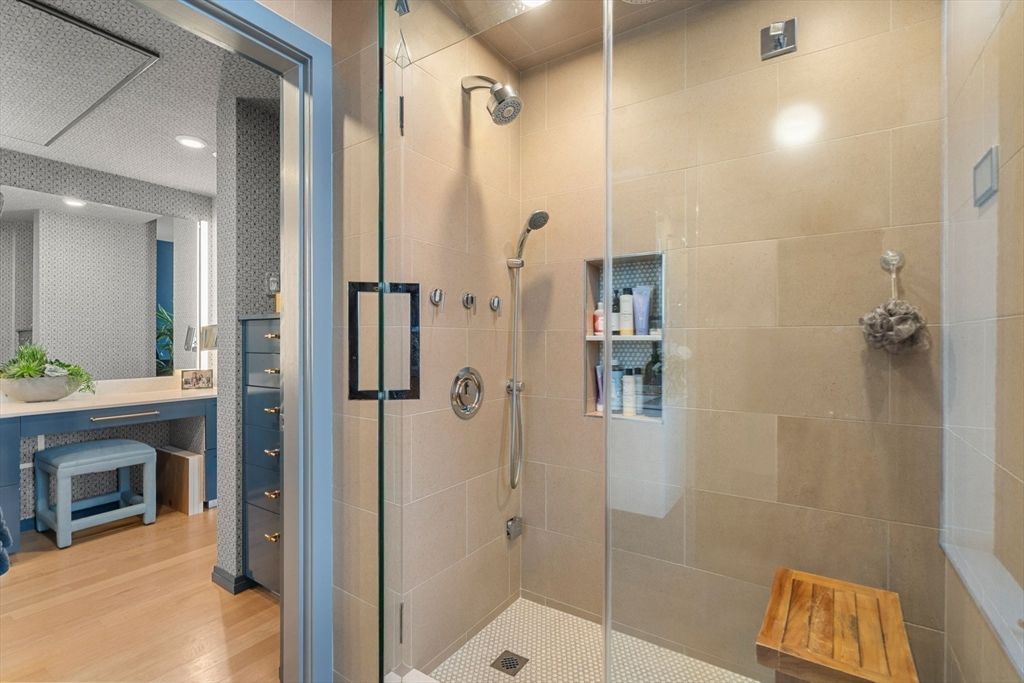 Bathroom, Glass Shower, Interior, Recessed Lighting, Wood Texture Flooring