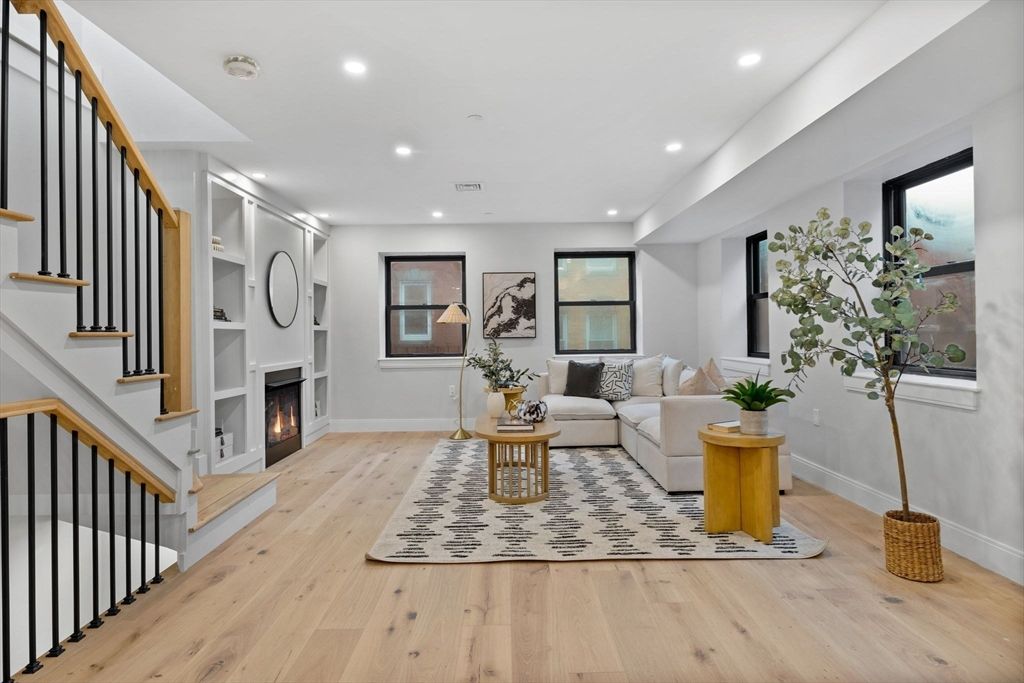 Fireplace, Interior, Living room, Recessed Lighting, Wood Texture Flooring