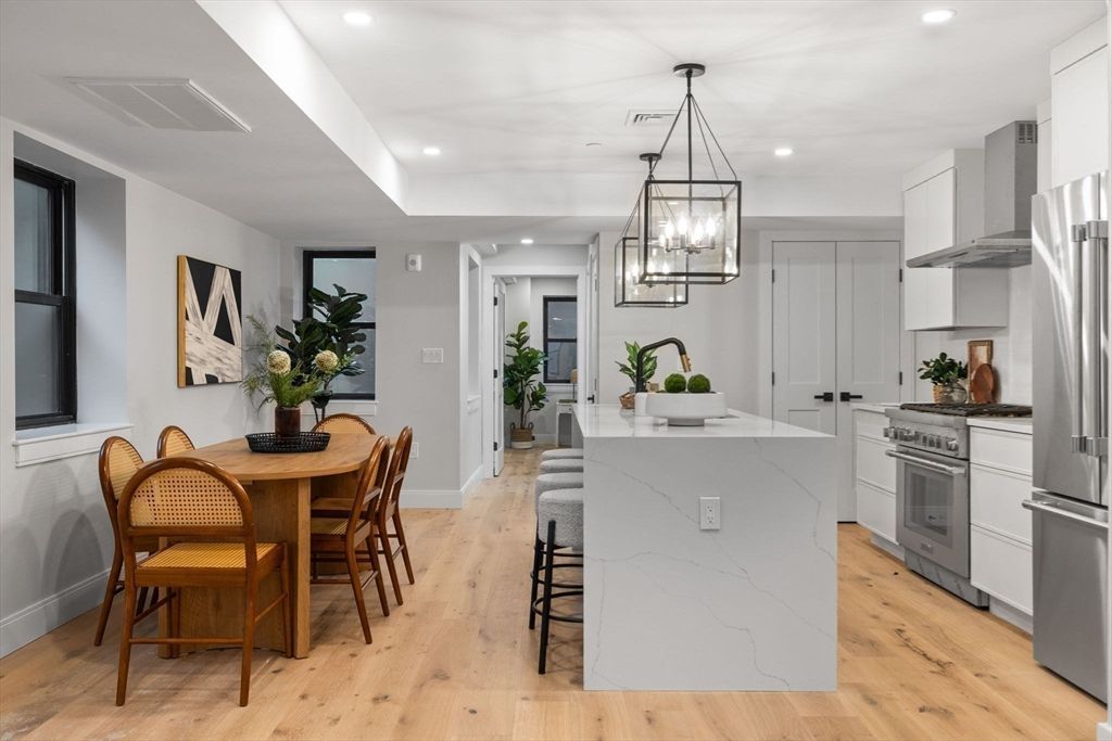 Interior, Kitchen, Pendant Lights, Recessed Lighting, Stainless Steel Appliances, Wood Texture Flooring