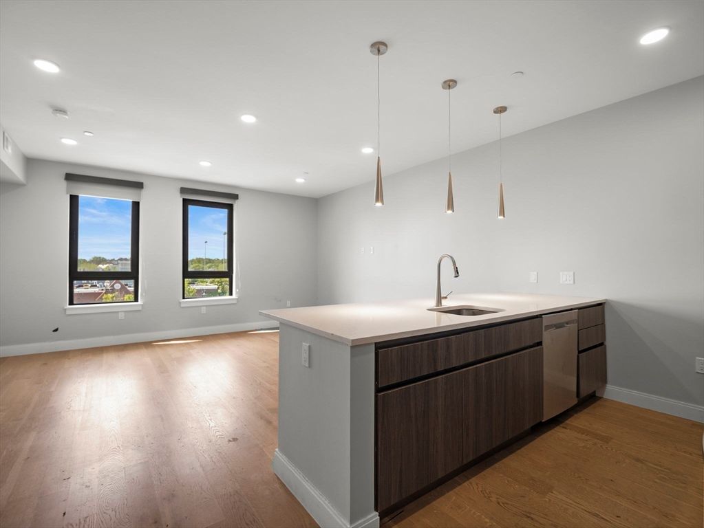 Interior, Kitchen, Pendant Lights, Recessed Lighting, Wood Texture Flooring