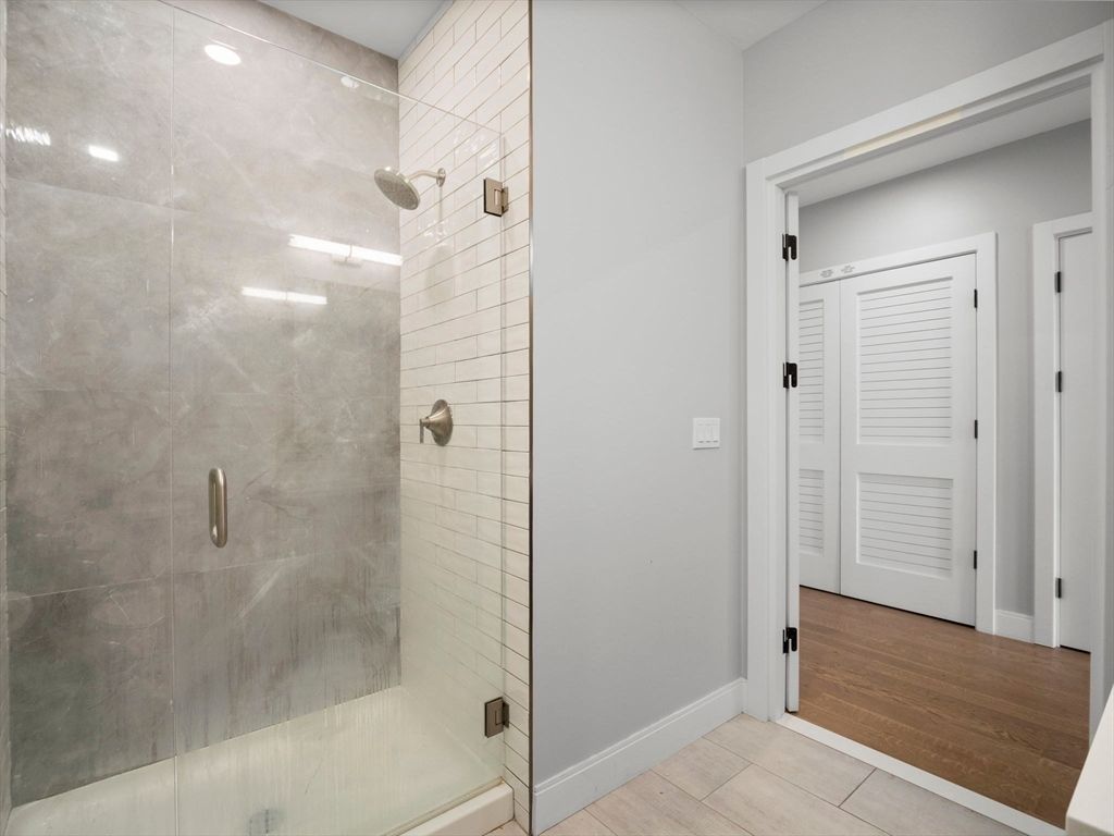 Bathroom, Glass Shower, Interior, Recessed Lighting, Wood Texture Flooring