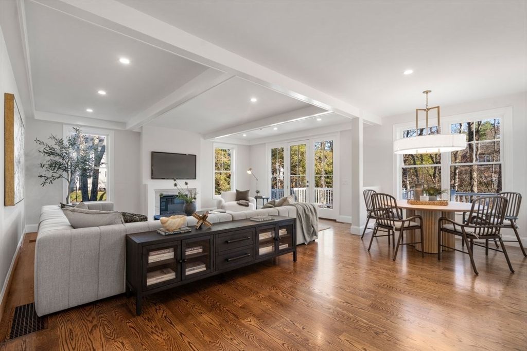 Dining room, Fireplace, Interior, Living room, Pendant Lights, Recessed Lighting, Wood Texture Flooring