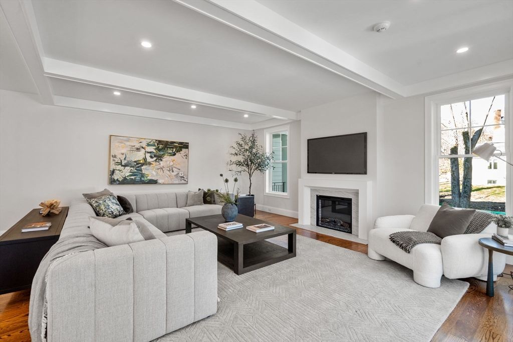 Fireplace, Interior, Living room, Recessed Lighting, Wood Texture Flooring