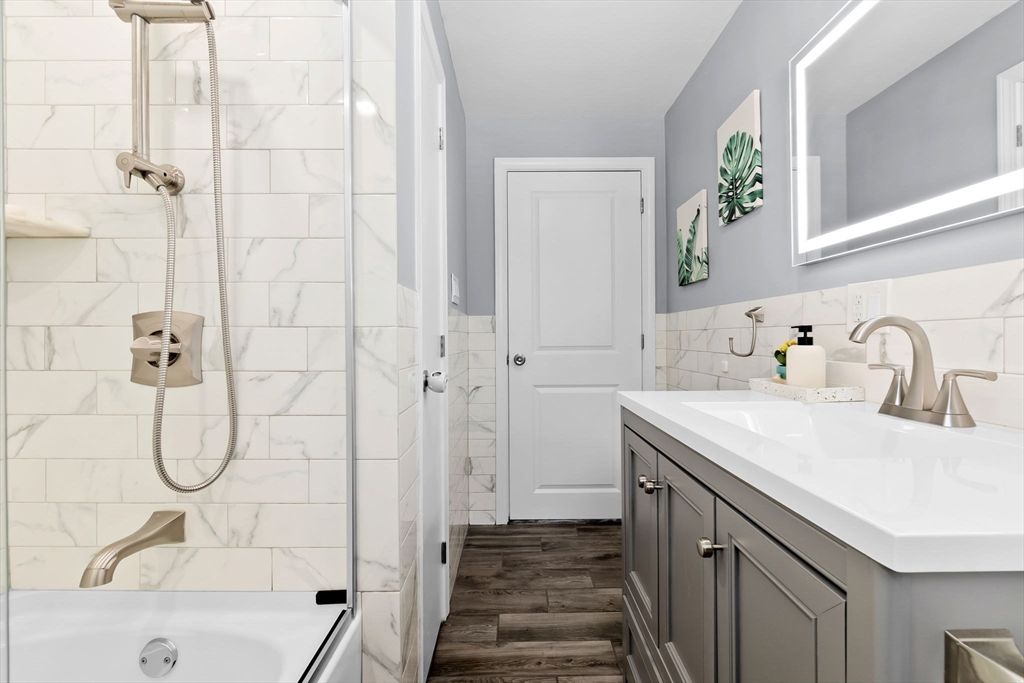 Bathroom, Interior, Marble Walls, Wood Texture Flooring