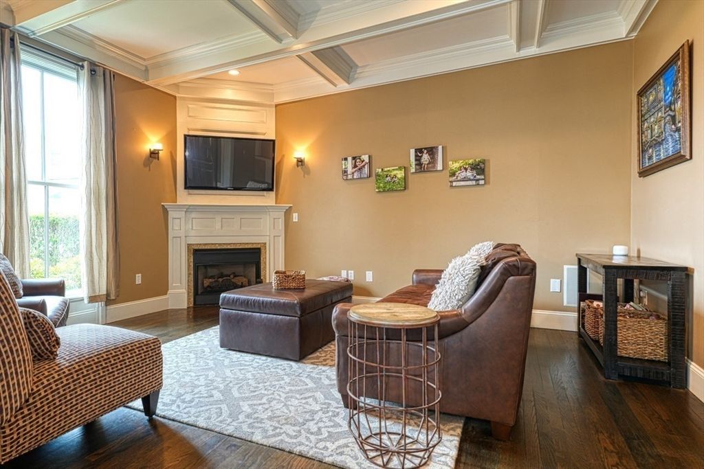 Fireplace, Interior, Living room, Recessed Lighting, Wood Texture Flooring