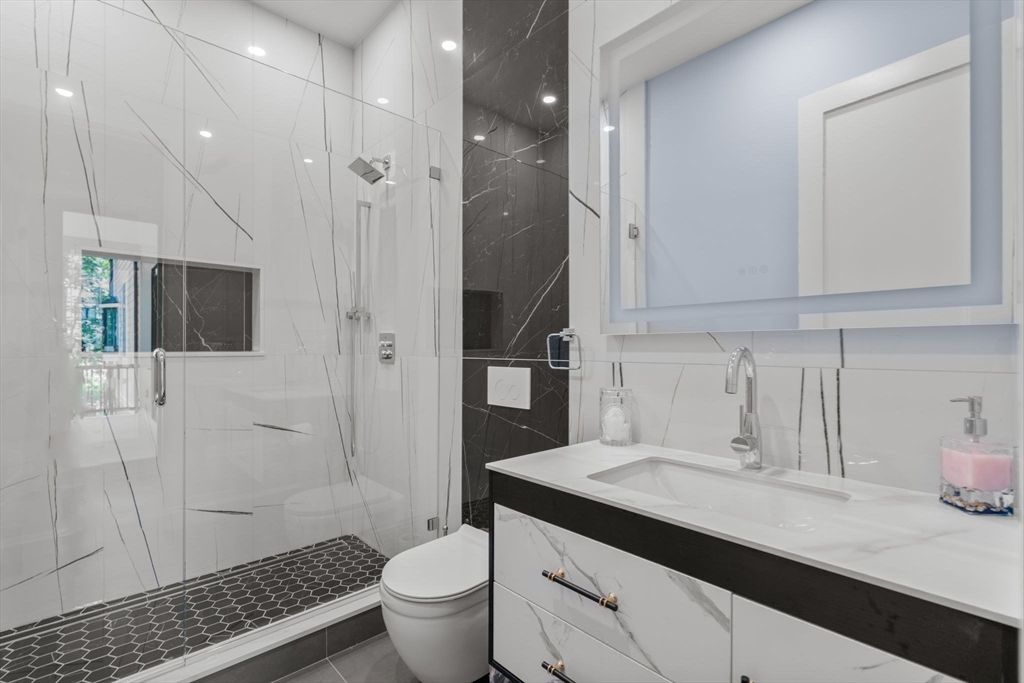 Bathroom, Glass Shower, Interior, Marble Walls, Recessed Lighting