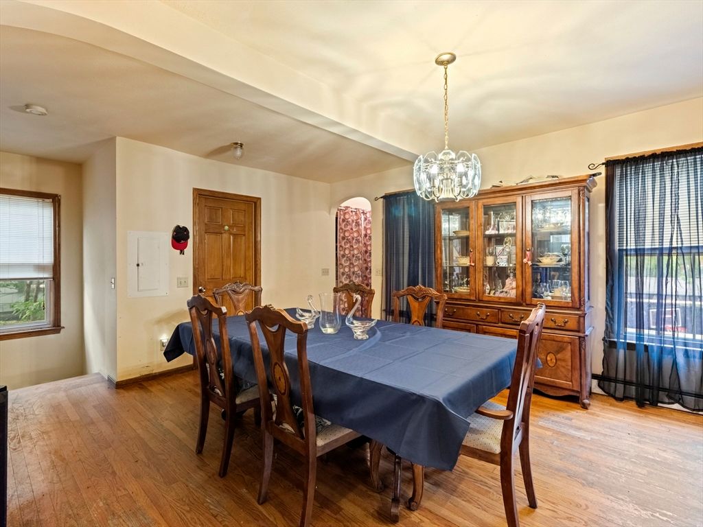 Dining room, Interior, Pendant Lights, Wood Texture Flooring