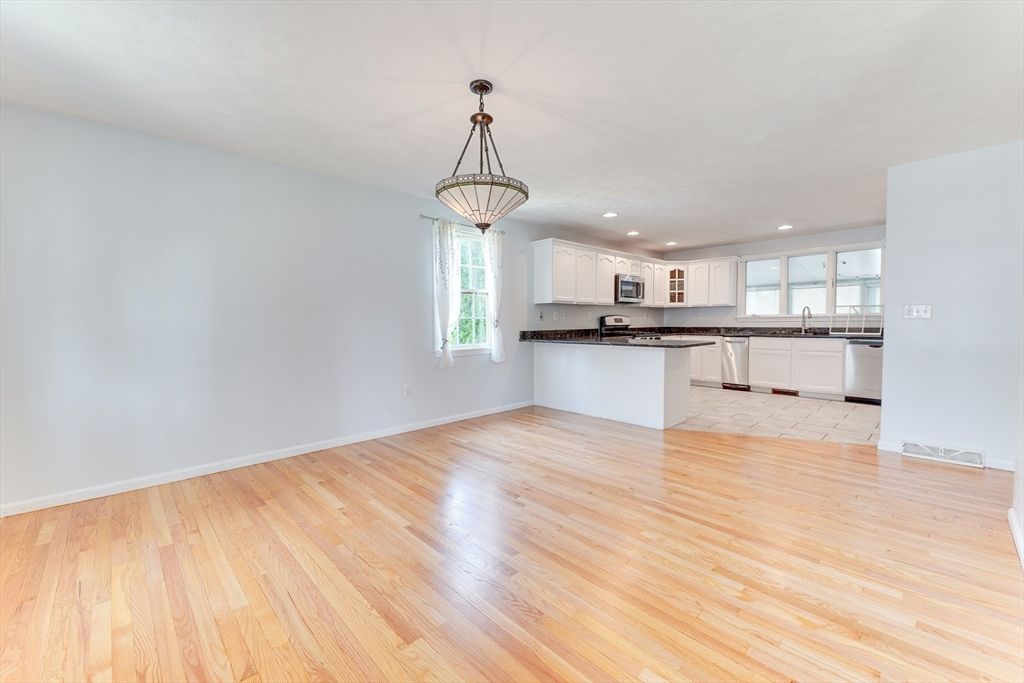 Empty room, Interior, Kitchen, Pendant Lights, Recessed Lighting, Wood Texture Flooring