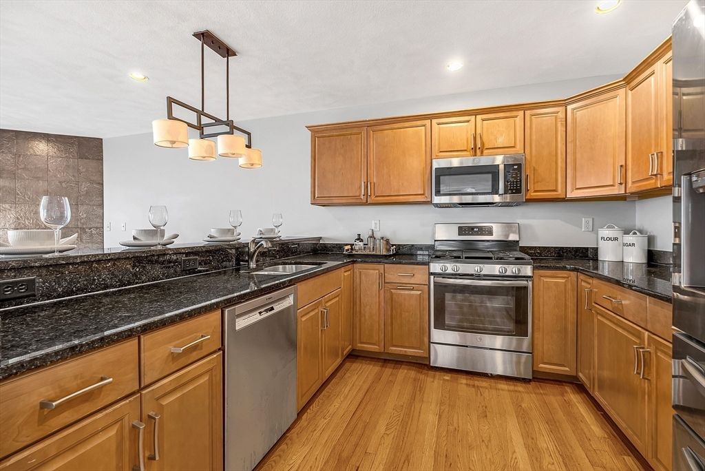 Interior, Kitchen, Pendant Lights, Recessed Lighting, Stainless Steel Appliances, Wood Texture Flooring