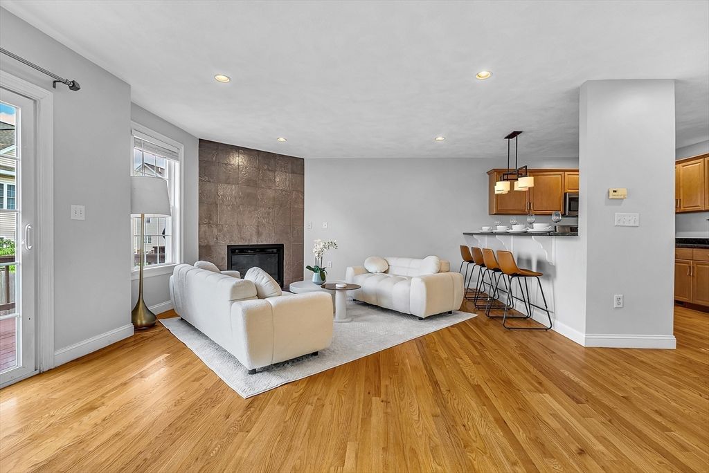 Fireplace, Interior, Kitchen, Living room, Pendant Lights, Recessed Lighting, Wood Texture Flooring