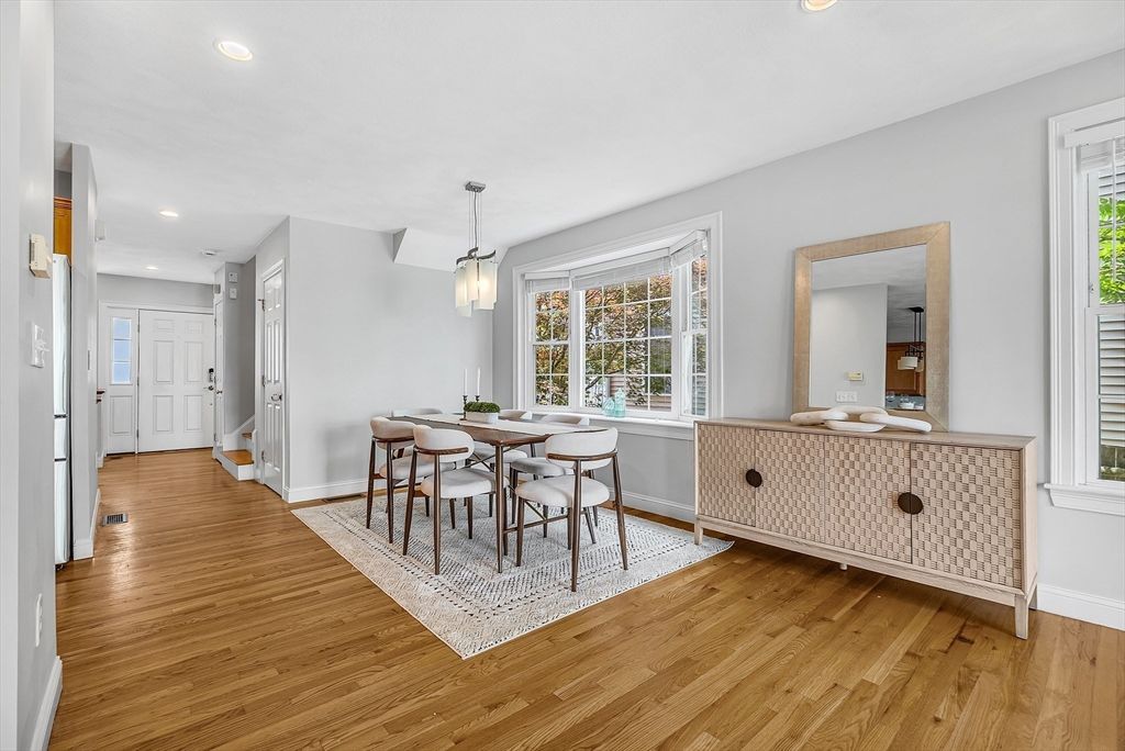 Dining room, Interior, Pendant Lights, Recessed Lighting, Wood Texture Flooring
