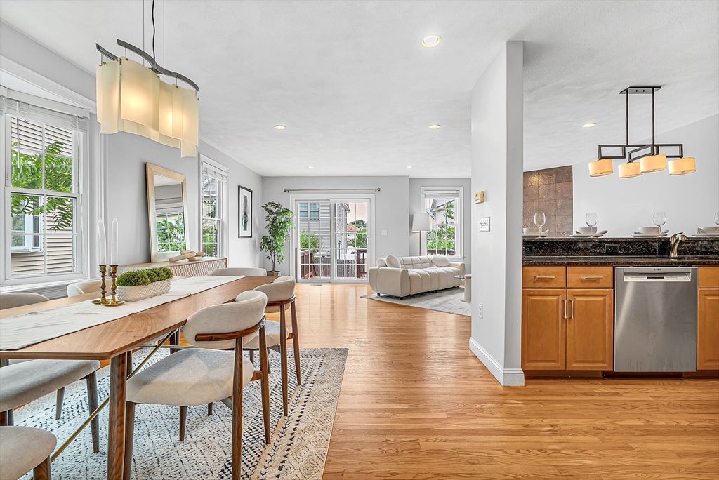 Dining room, Interior, Kitchen, Living room, Pendant Lights, Recessed Lighting, Stainless Steel Appliances, Wood Texture Flooring