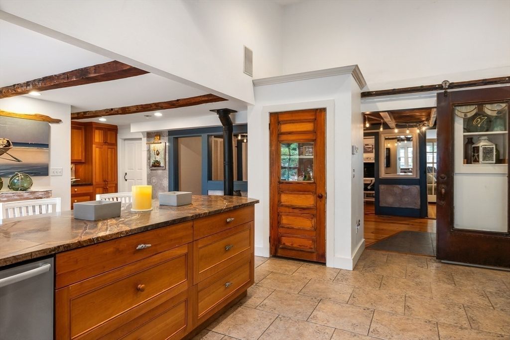 Interior, Kitchen, Recessed Lighting, Stainless Steel Appliances, Wooden Beams