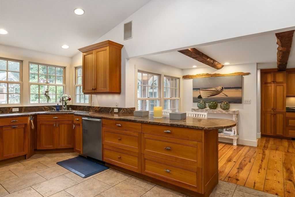 Interior, Kitchen, Recessed Lighting, Wooden Beams, Wood Texture Flooring