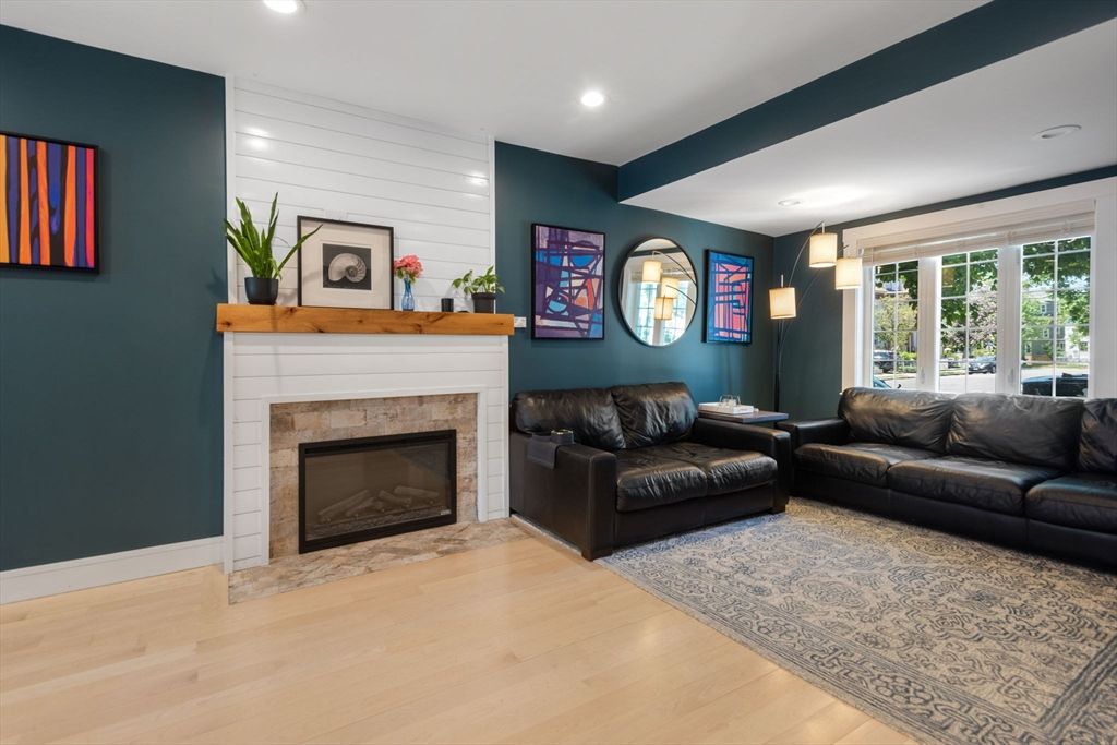 Fireplace, Interior, Living room, Recessed Lighting, Wood Texture Flooring