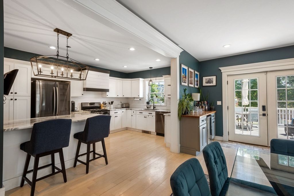 Chandelier, Interior, Kitchen, Pendant Lights, Recessed Lighting, Stainless Steel Appliances, Wood Texture Flooring