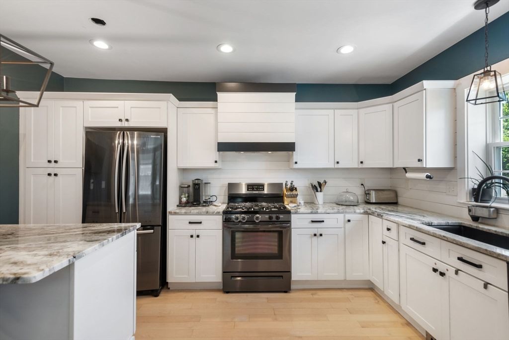 Interior, Kitchen, Pendant Lights, Recessed Lighting, Stainless Steel Appliances, Wood Texture Flooring