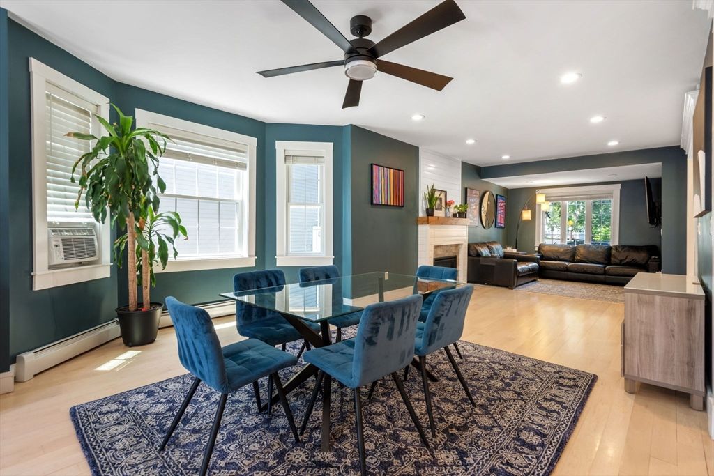 Dining room, Fireplace, Interior, Living room, Recessed Lighting, Wood Texture Flooring