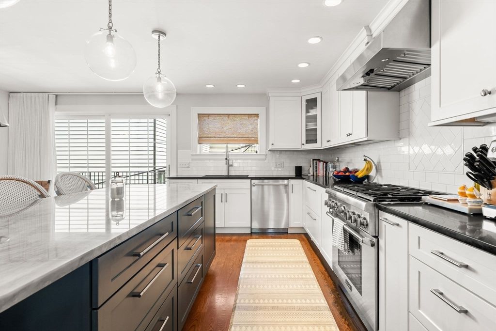 Interior, Kitchen, Pendant Lights, Recessed Lighting, Stainless Steel Appliances, Wood Texture Flooring