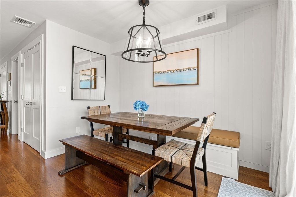 Dining room, Interior, Pendant Lights, Wood Texture Flooring