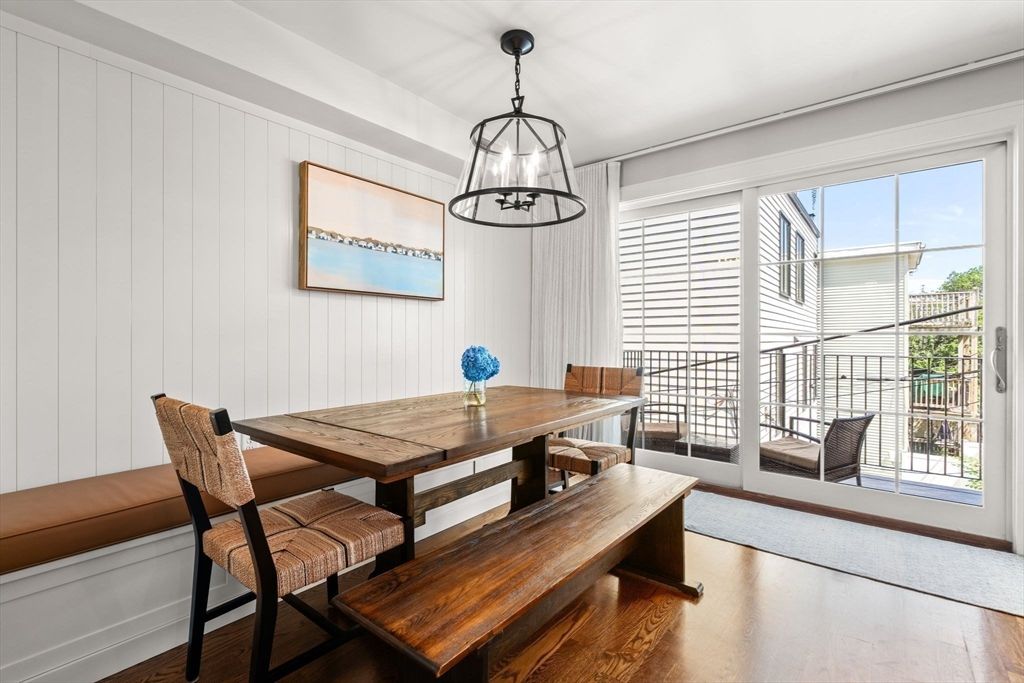 Dining room, Interior, Pendant Lights, Wood Texture Flooring