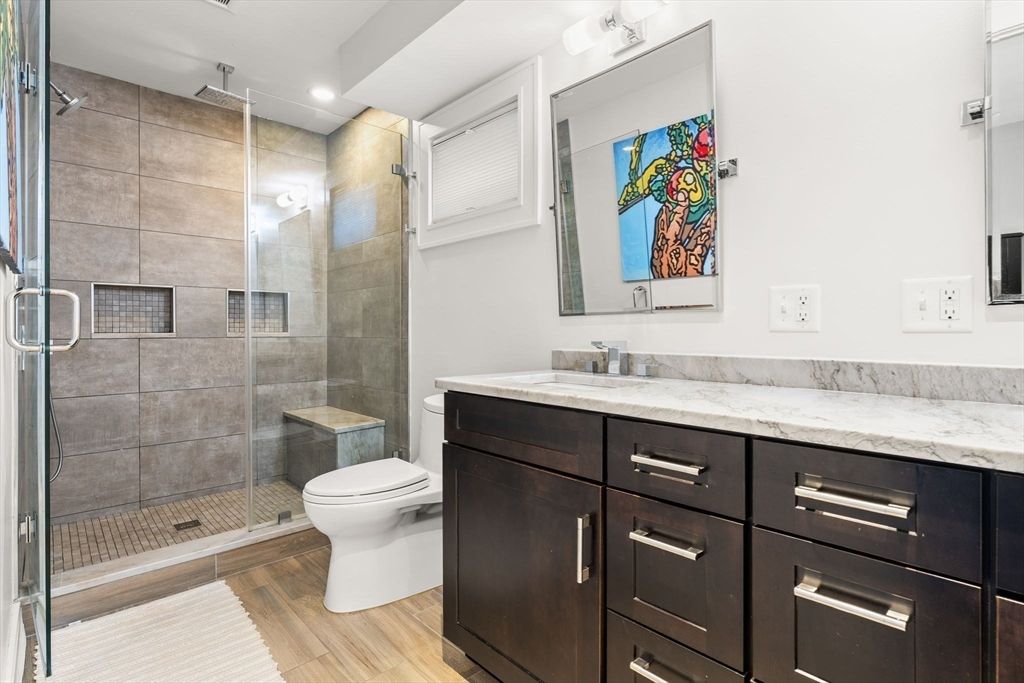 Bathroom, Glass Shower, Interior, Recessed Lighting, Wood Texture Flooring