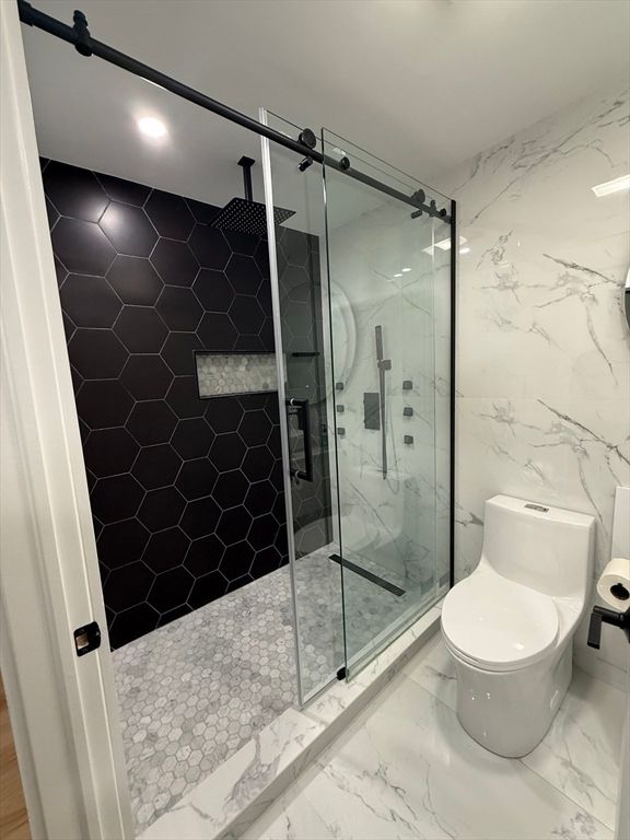 Bathroom, Glass Shower, Interior, Marble, Marble Walls, Recessed Lighting