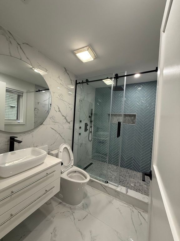 Bathroom, Glass Shower, Interior, Marble, Marble Walls, Recessed Lighting