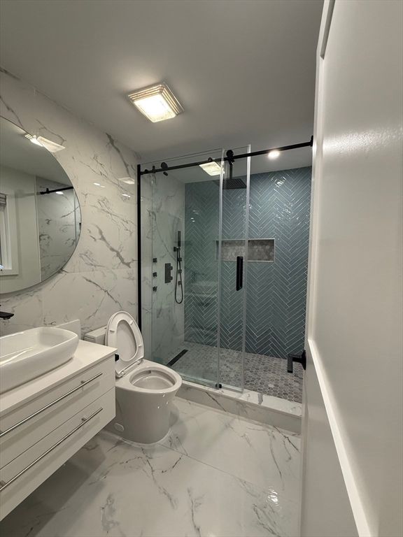 Bathroom, Glass Shower, Interior, Marble, Marble Walls, Recessed Lighting