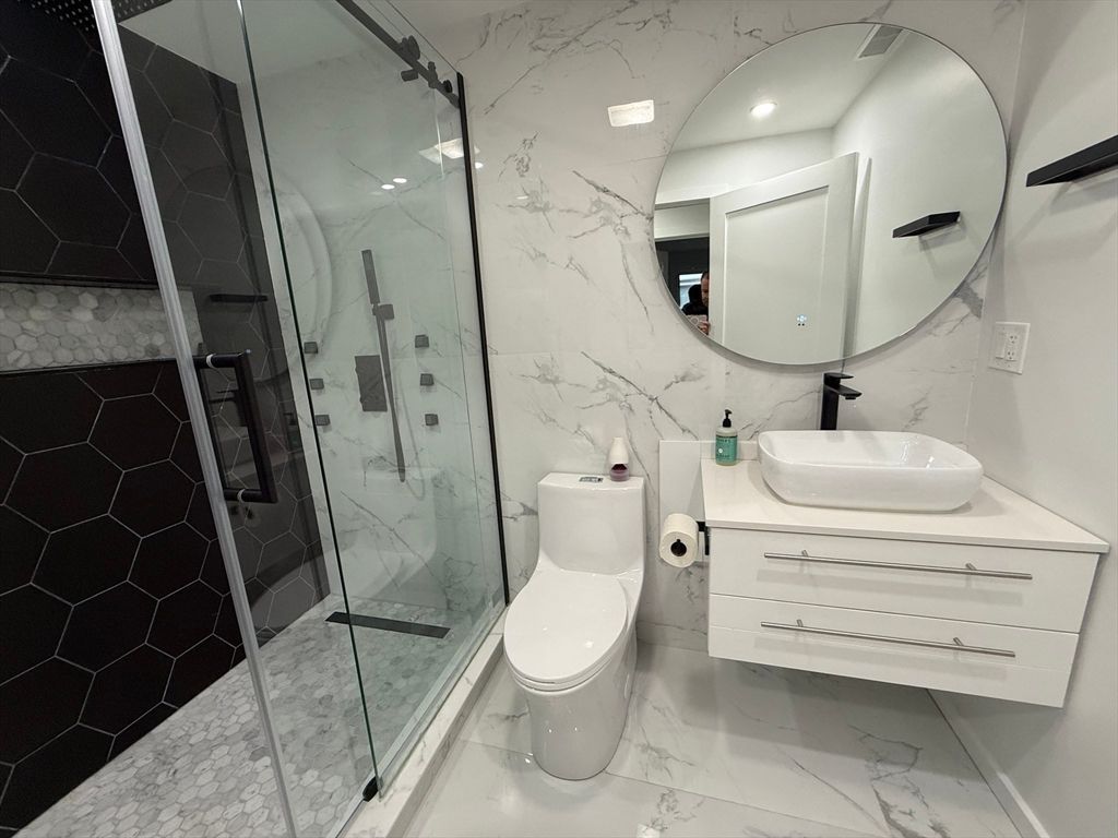 Bathroom, Glass Shower, Interior, Marble, Marble Walls, Recessed Lighting