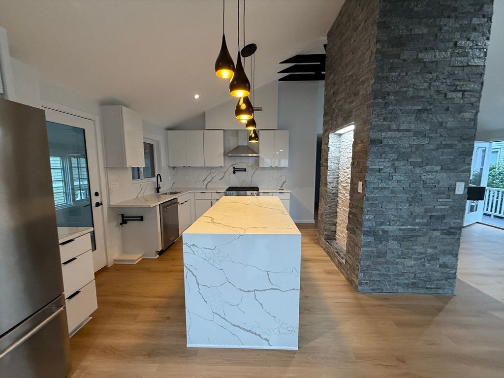 Interior, Kitchen, Pendant Lights, Recessed Lighting, Stainless Steel Appliances, Wood Texture Flooring