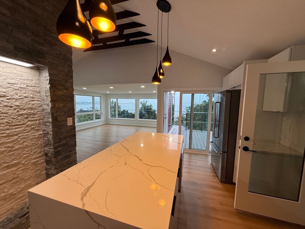 Interior, Kitchen, Pendant Lights, Recessed Lighting, Wood Texture Flooring