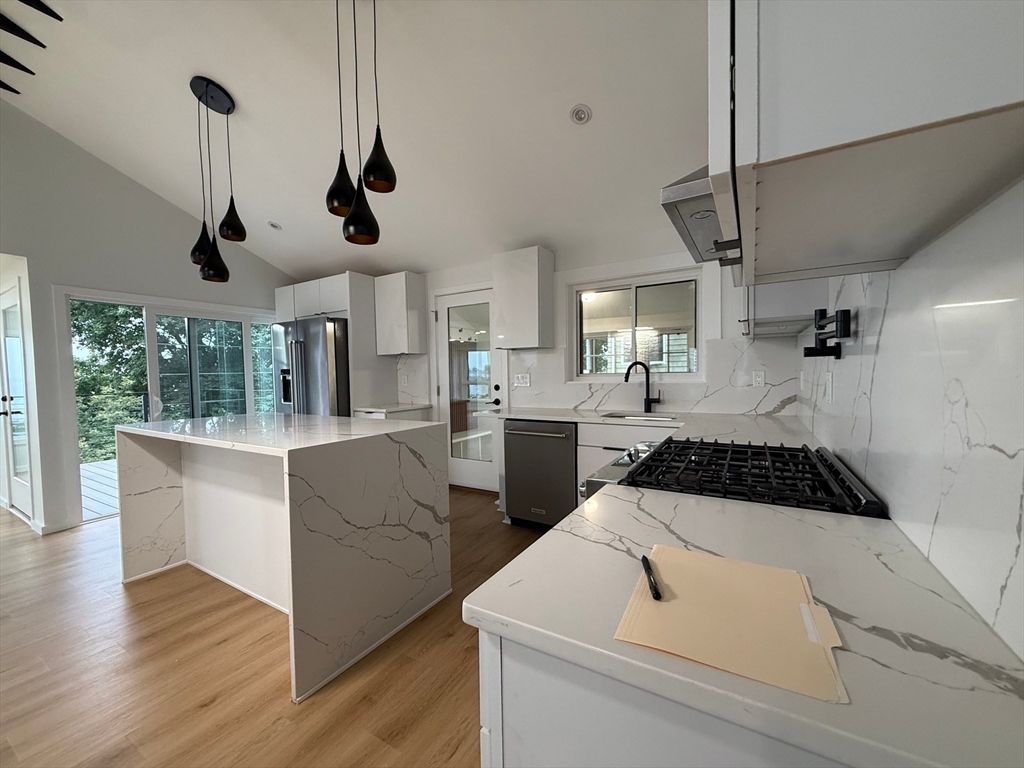 Interior, Kitchen, Marble Walls, Pendant Lights, Stainless Steel Appliances, Wood Texture Flooring