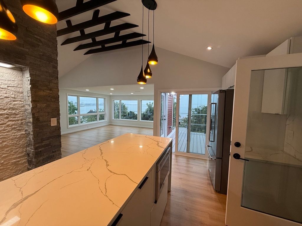 Interior, Kitchen, Pendant Lights, Recessed Lighting, Wood Texture Flooring
