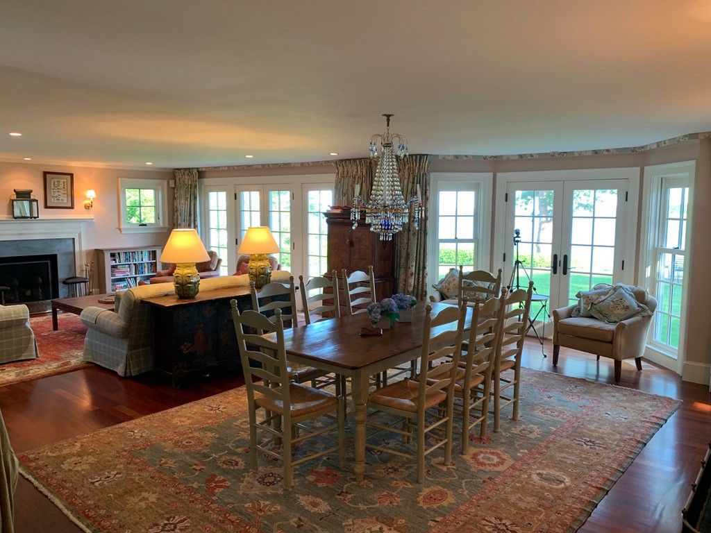 Chandelier, Dining room, Fireplace, Interior, Living room, Recessed Lighting, Wood Texture Flooring