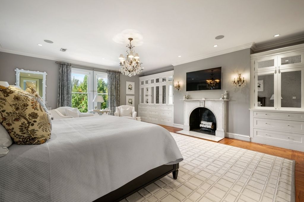 Bedroom, Chandelier, Fireplace, Interior, Recessed Lighting, Wood Texture Flooring
