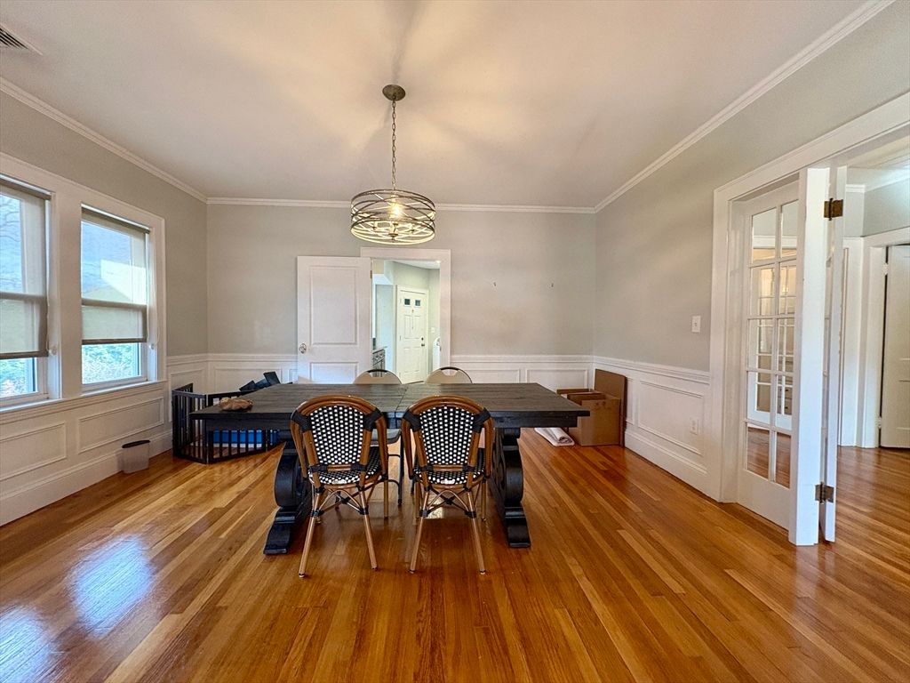 Dining room, Interior, Pendant Lights, Wood Texture Flooring