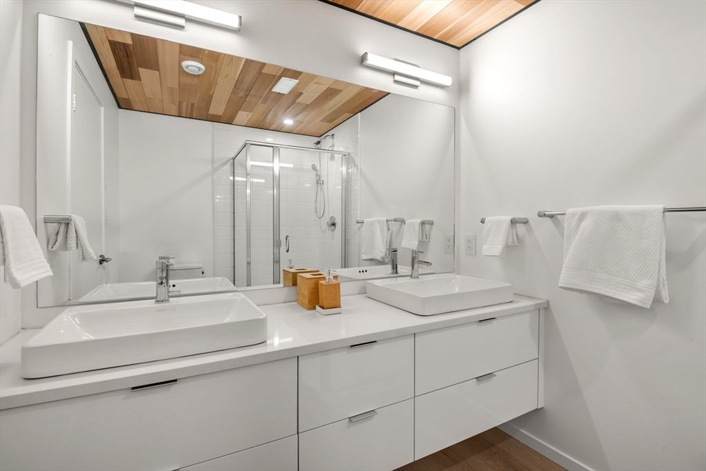 Bathroom, Dual Sink Vanities, Glass Shower, Interior, Wooden Ceilings, Wood Texture Flooring