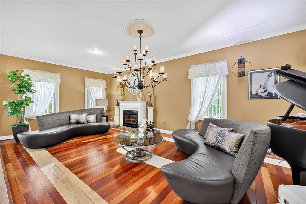 Chandelier, Fireplace, Interior, Living room, Recessed Lighting, Wood Texture Flooring