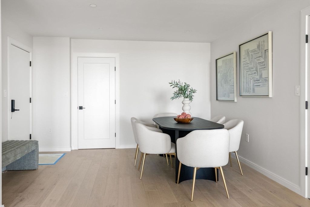 Dining room, Interior, Recessed Lighting, Wood Texture Flooring