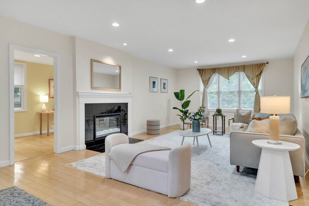 Fireplace, Interior, Living room, Recessed Lighting, Wood Texture Flooring