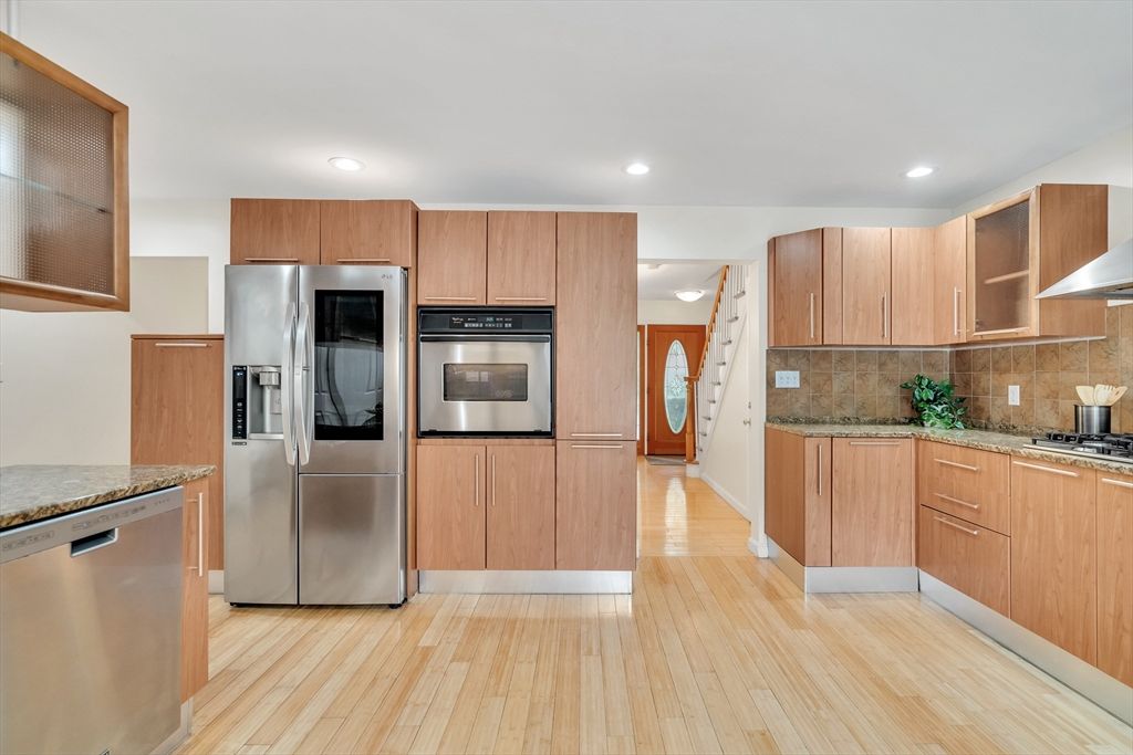 Interior, Kitchen, Recessed Lighting, Stainless Steel Appliances, Wood Texture Flooring