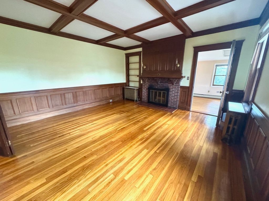 Empty room, Fireplace, Interior, Wooden Beams, Wood Texture Flooring