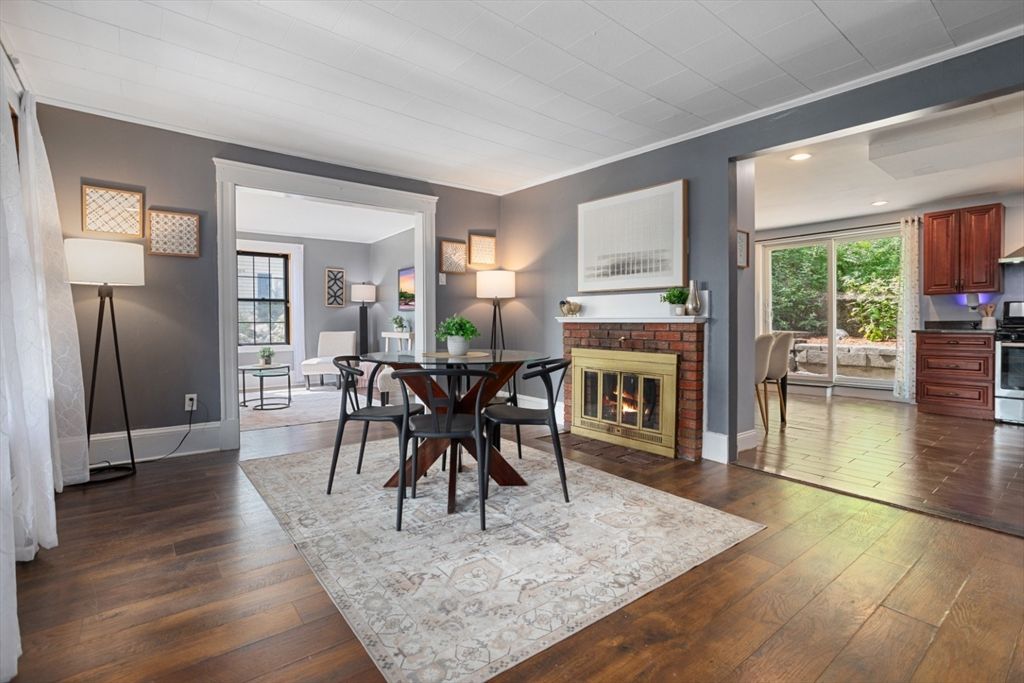 Dining room, Fireplace, Interior, Kitchen, Recessed Lighting, Wood Texture Flooring