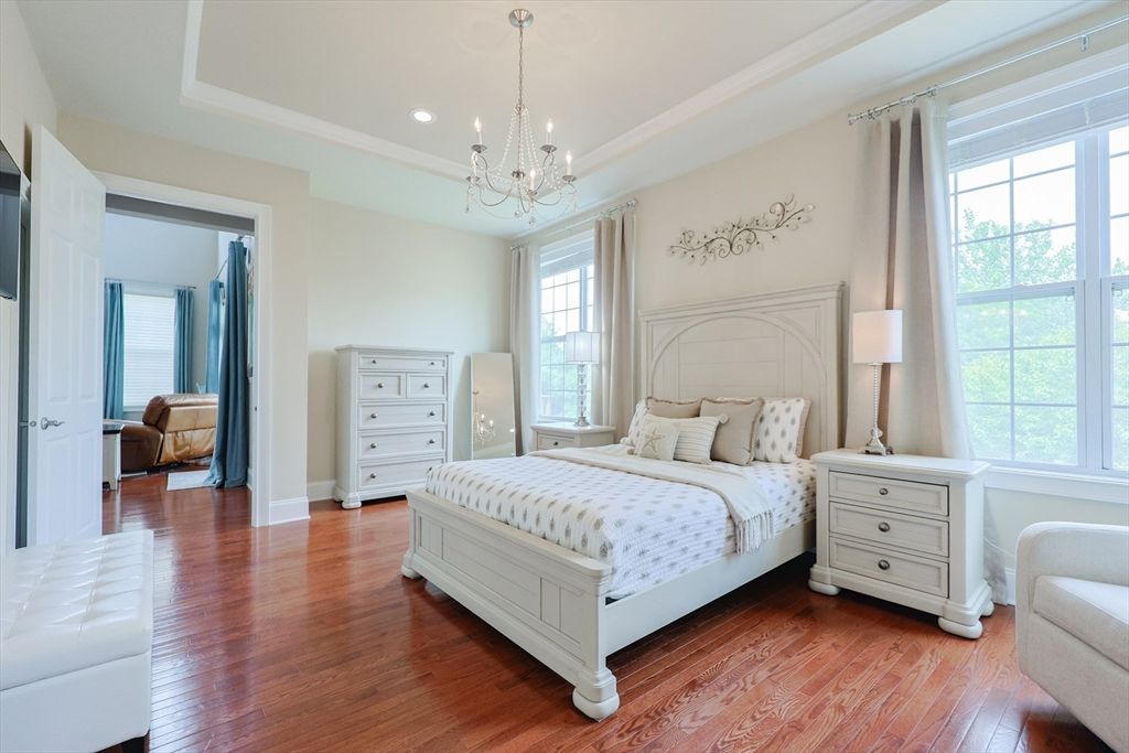 Bedroom, Chandelier, Interior, Recessed Lighting, Wood Texture Flooring